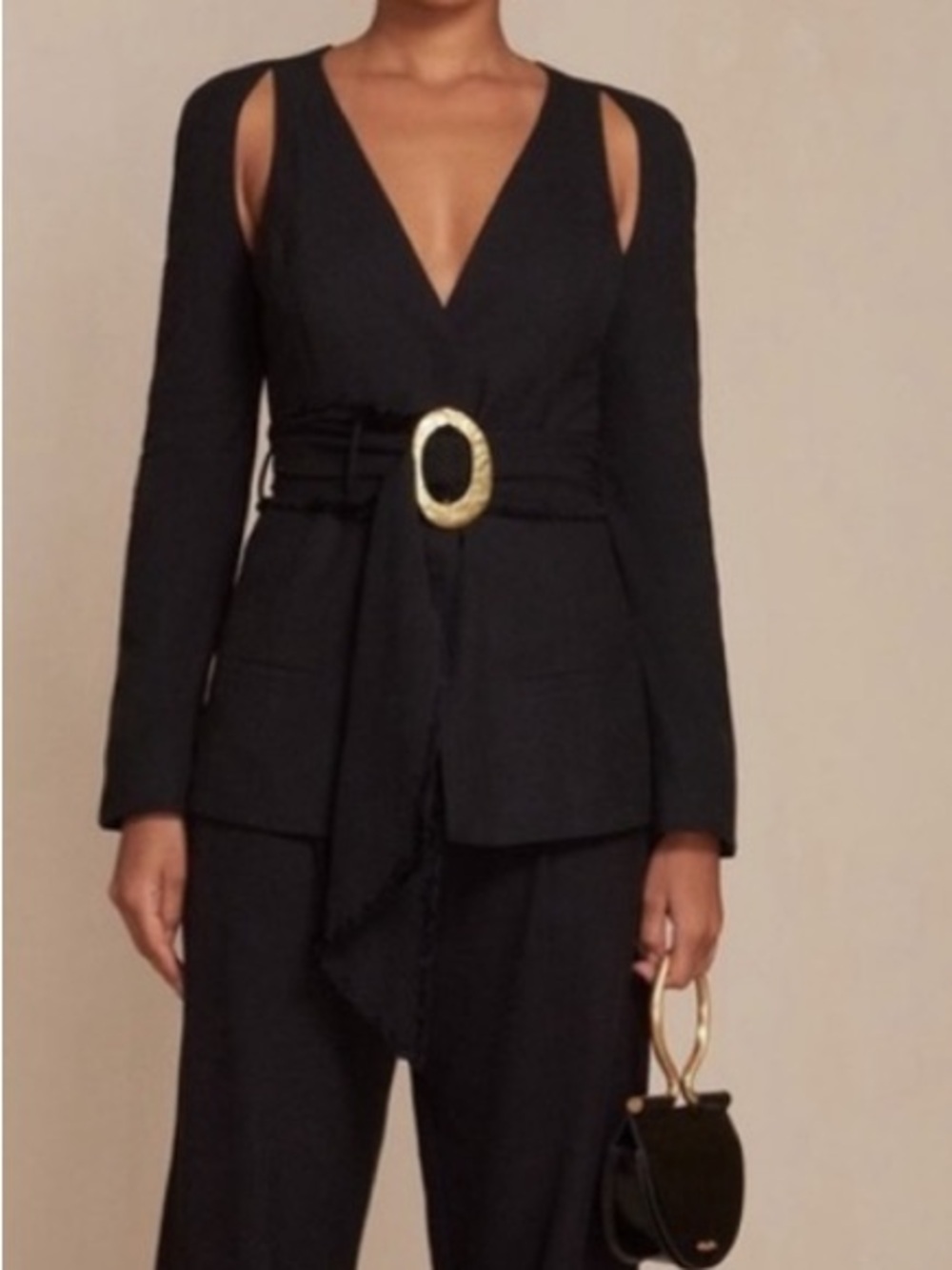 Cult Gia Noey black cut out deep v neck belted blazer gold buckel new sz6